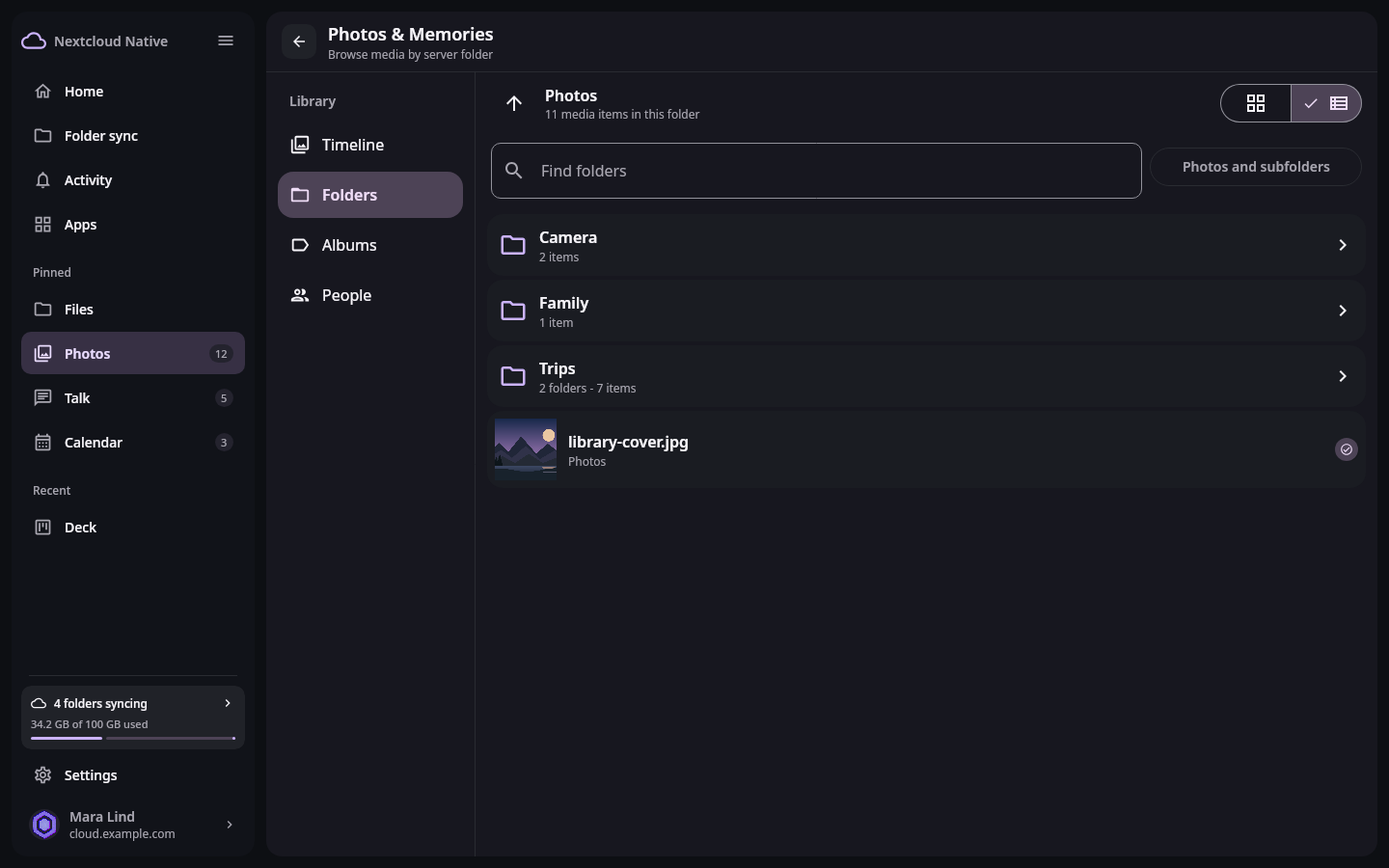 Photos folder workspace nested inside Nextcloud Native with Photos selected and Files, Talk, Calendar, and recent Deck shortcuts still visible
